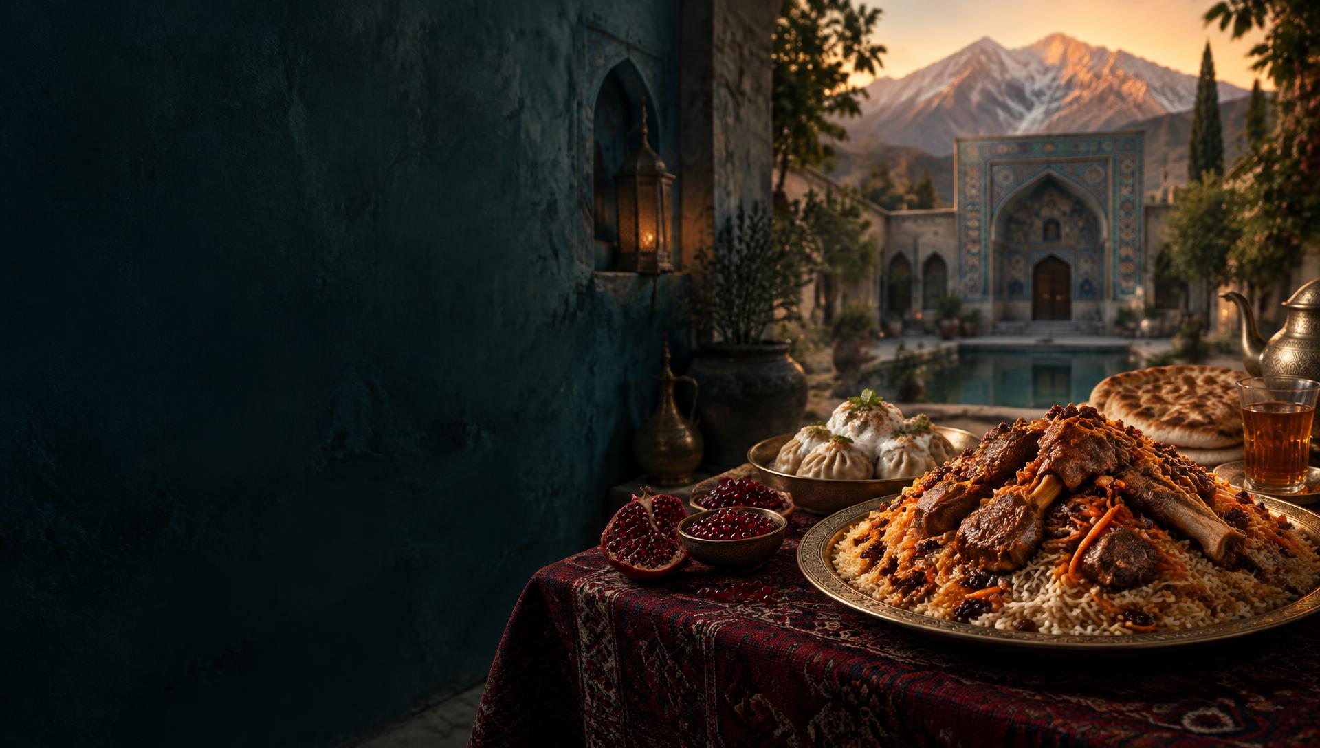 A traditional Afghan feast with Qabuli Palaw and Manto, against an Afghan courtyard and mountain backdrop